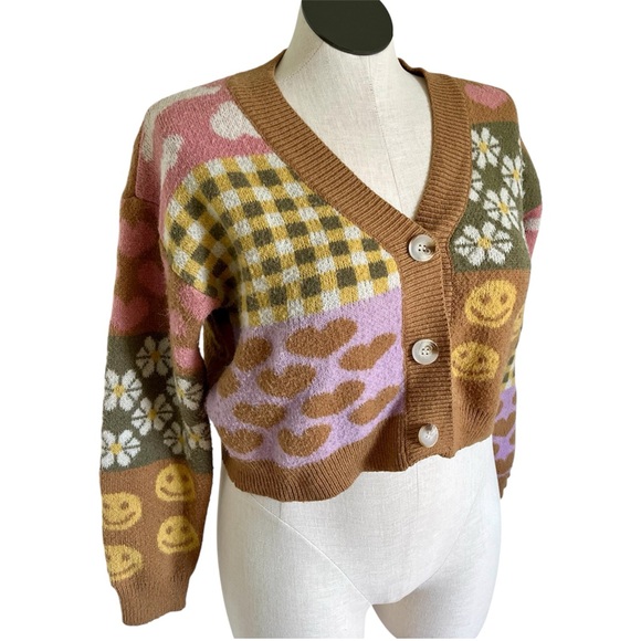 Debut Women’s Patchwork Gingham Smiley Cropped Cardigan - Size Large - Picture 2 of 6